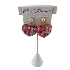 Betsey Johnson XO Pink & White Heart Dangle Earrings